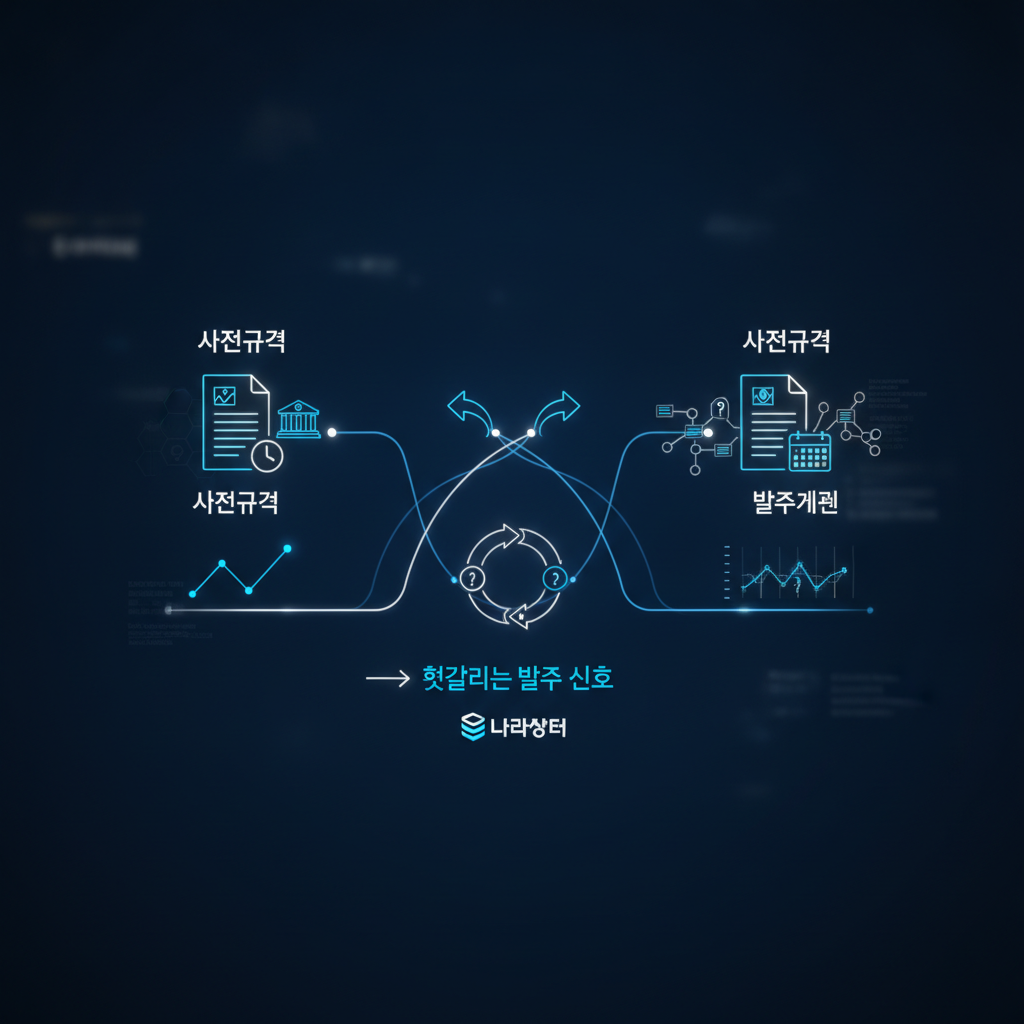 사전규격과 발주계획 발주 신호를 비교하는 나라장터 입찰 담당자 업무 화면